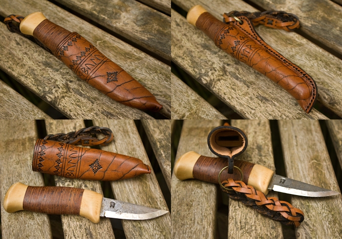handmade knife and sheath - birch bark handle - swedish hand-forged blade - vegetable tanned leather sheath - earthworks journals
