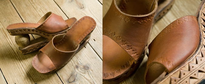 reclaimed and customised wedge shoes - handmade leather uppers - carved wooden soles - earthworks journals